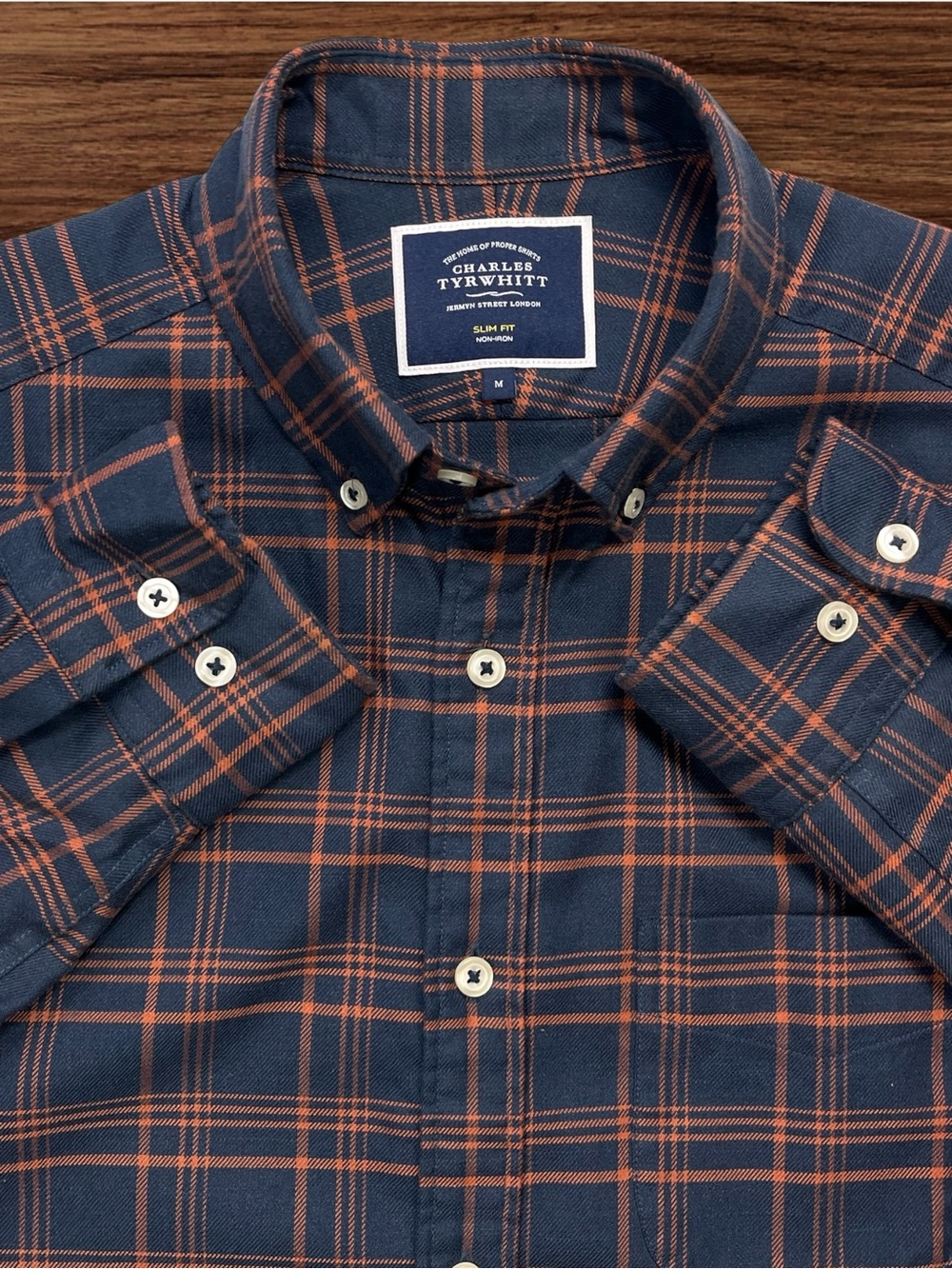 Charles Tyrwhitt Navy & Brown Plaid Twill Button Down Shirt Slim Fit Medium